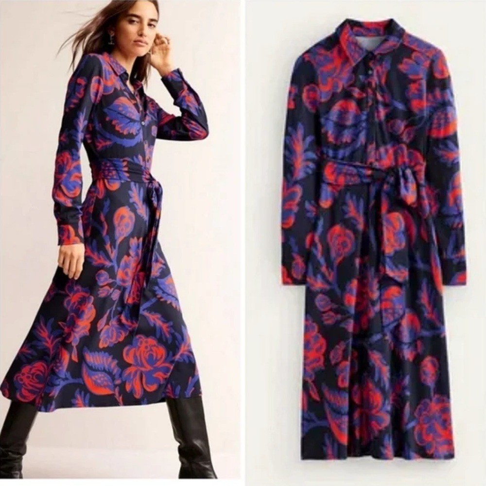 Boden Laura Midi Print Belted Shirt Dress Long Sleeves Colorful Size US 14  NWOT