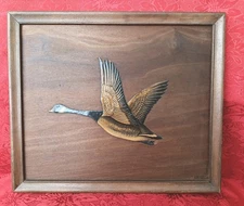 1940s Gordon Ertz Duck Goose In Flight Wood Relief Carving Cabin Camp Retro