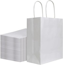 100Pcs Pack 8X4.75X10 Inch Medium White Kraft Paper Bags with Handles Bulk, Gift