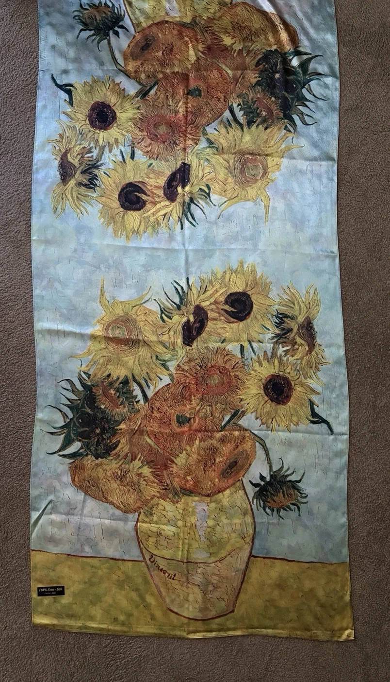100% Silk Scarf from Italy, Vincent Van Gogh Sunflowers, Reversible, 68" x 28"