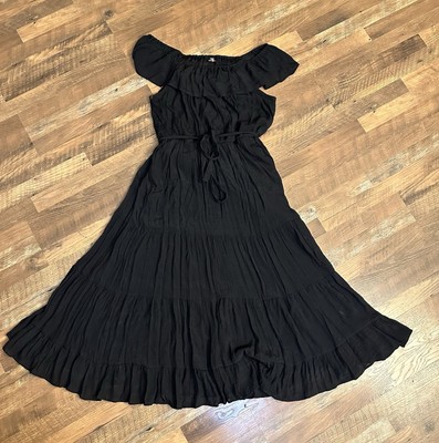 Mille Gabrielle Black Cottage Core Witchy Tiered Off Shoulder Midi Dress Plus 3X