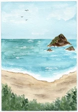 5x7 Watercolor Painting Original Calm Pacific Northwest Beach Seascape Signed