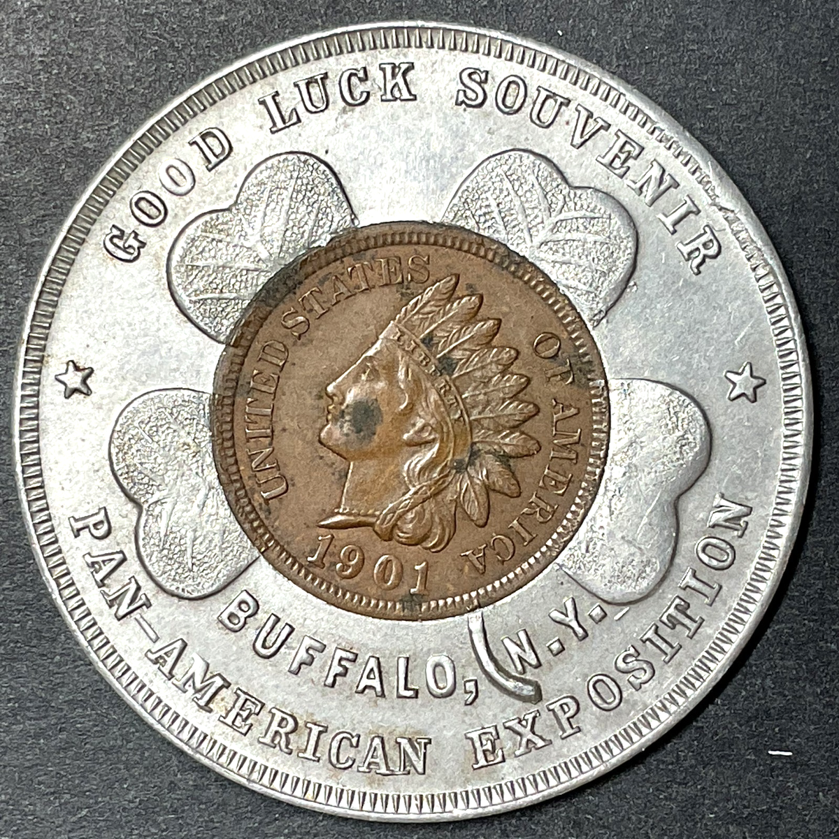Pan American Expo Buffalo NY Good Luck Penny Encased Coin 1901