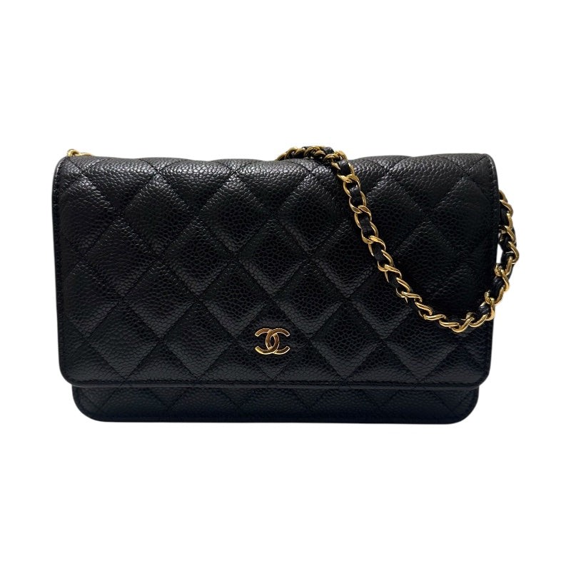 CHANEL Black Caviar Matelassé Chain Wallet Shoulder Bag 879