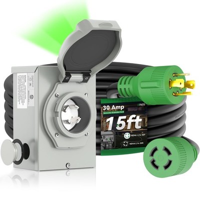 RVINGPRO 30 Amp Generator Cord 15FT and Power Inlet Box, 15FT, Black+Green 