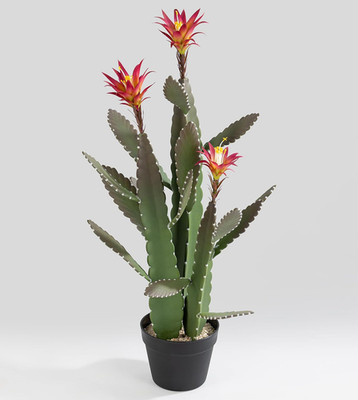 Large 33'' Faux Cactus with Magenta Flowers - Realistic Indoor/Outdoor Decor