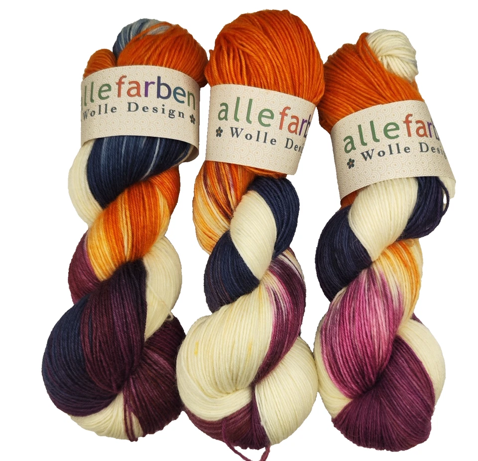 Handgefärbte Sockenwolle 4-fach 100g 420m Weinberg Bordeaux Orange Lila Wolle - Bild 2 von 4