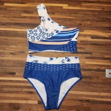 Womens Blue Two Piece Swimsuit Bikini One Shoulder High Waist Bottom Size XS
