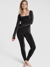 Victoria's Secret Pink Size L Long Sleeve Square Neck Bodysuit Black Bling NWT