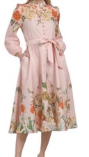 Nancy Yang Women's Pink Cotton Long Flowers Floral Dress Sz L Midi