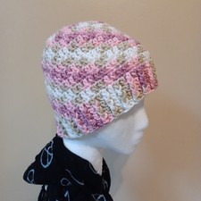 Crochet Handmade Beanie Hat Skull Cap Tri-Color Pink Green Plum Swirl Camo