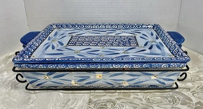 4 QT Casserole Baking Dish Set Temp-tation Old World Blue Top Tray & Wire Rack