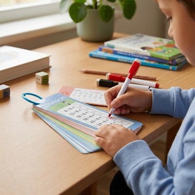 15 Division Math Flash Cards with 2 Markers & Ring for Kids Math Learning