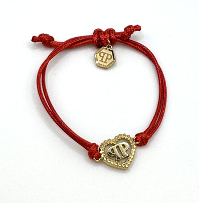 Philipp Plein Auth Plein Rocked Heart Bracelet Red Cord Gold Tone PP Charm
