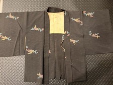 Rare Japanese vtg silk antique haori black hand painted sakura unisex mint cond