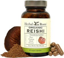 Organic Reishi Capsules - Made with Fruiting Bodies - Support Energy, Vitality, 