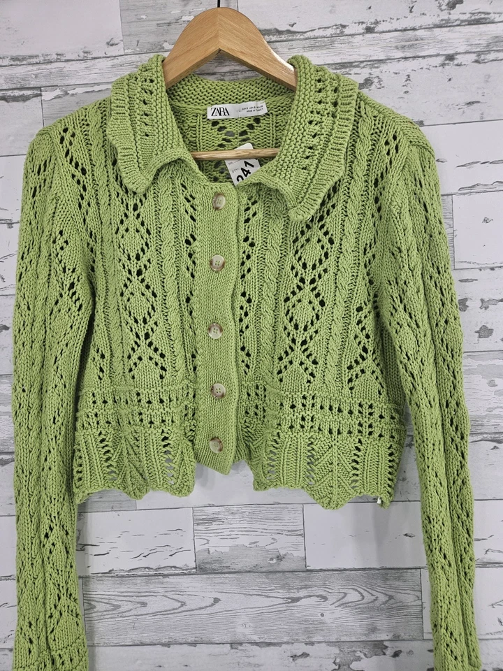 Cárdigan Zara verde tejido a ganchillo 100 % algodón para mujer pequeño Foto 2 de 4