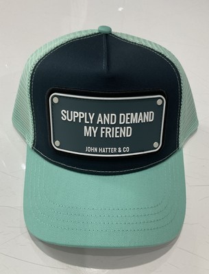 John Hatter Aqua/Teal Trucker Hat-SUPPLY AND DEMAND MY FRIEND-RUBBER PLAQUE-NWT