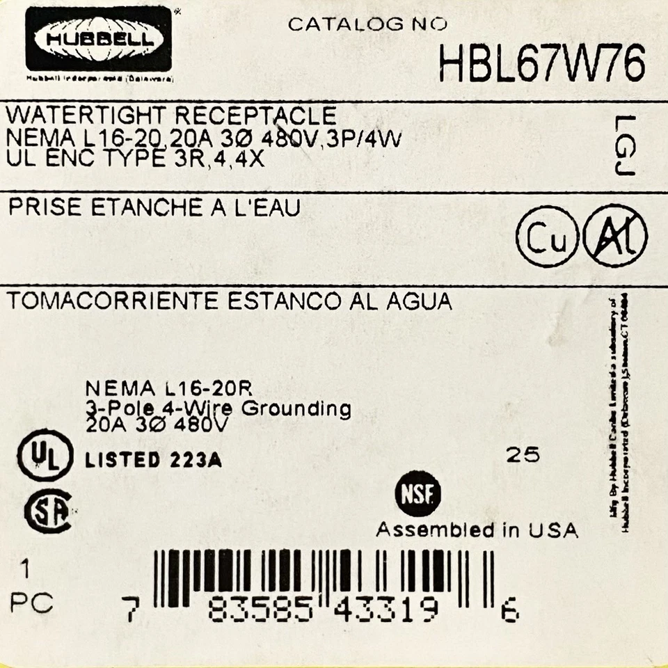Hubbell HBL67W76 Watertight Receptacle NEMA L16-20 20A 480V 3P/4W Industrial - Image 2 of 4