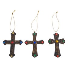 Lot of 3 VTG Antiqued Gold Tone Cross Jeweled Christmas Ornament 3.5"  c