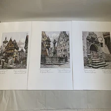 3 Vintage HEINER KRASSER ART ROTHENBURG SIGNED HAND COLORED ETCHING 14" x 10"