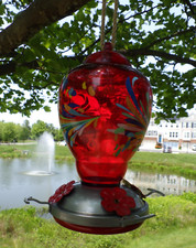 Hummingbird Feeder Hanging Art Glass Ruby Red 24 oz. New w/ Twine  Hook Wosbio