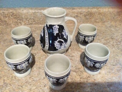 Vintage German Glazed Pitcher Blue Gray Trink Aus Stein Den Edlen Wein & 5 Glass