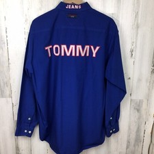 Tommy Hilfiger Jeans Blue Shirt Embroidered Spell Out Logo size L Vintage