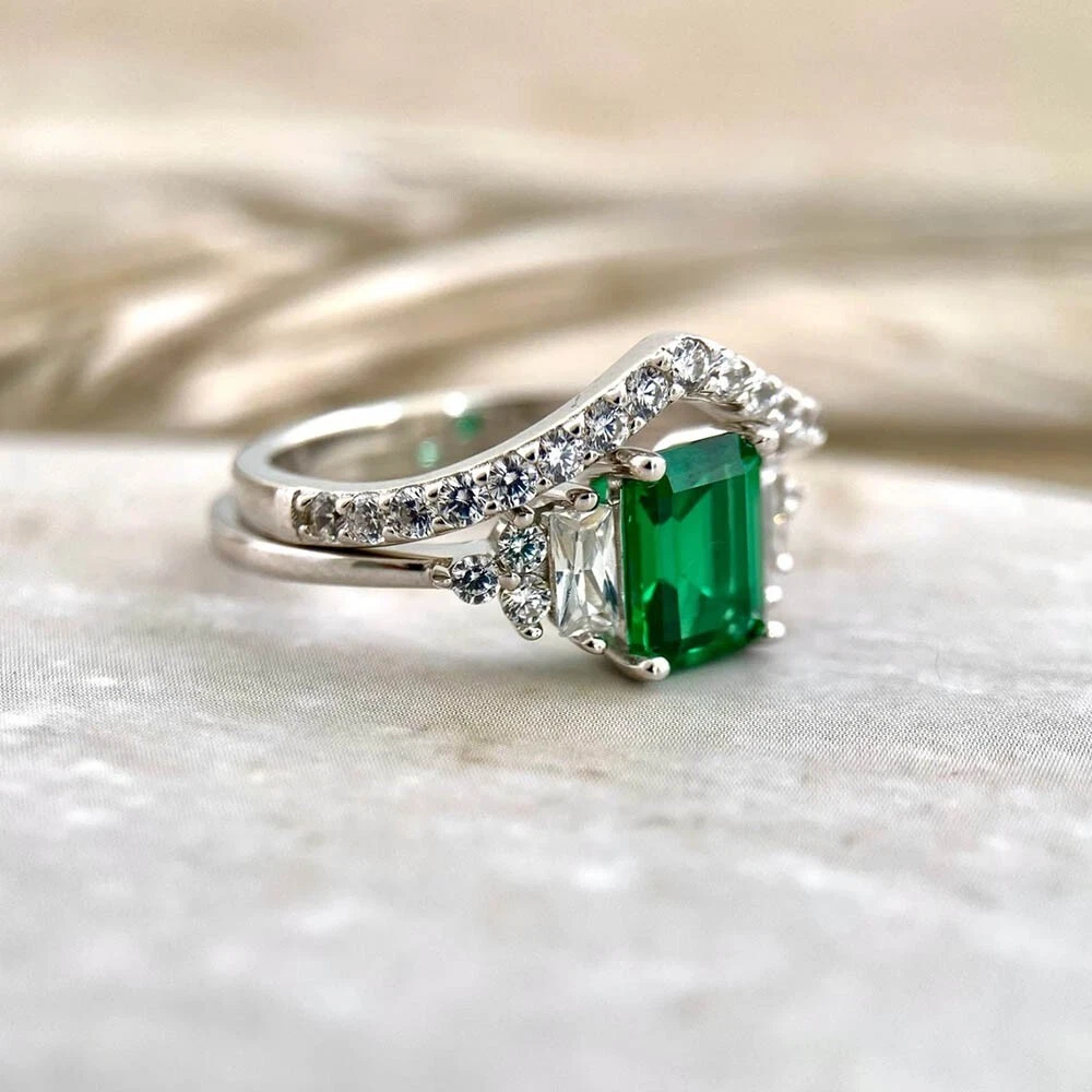 1.50 Ct Natural Green Emerald Bridal Set Engagement Wedding Ring