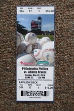 PHILADELPHIA PHILLIES VS ATLANTA BRAVES 5/22/2016 FULL TICKET ~ CAMERON RUPP HR