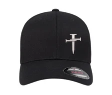 Nail Cross Christian Embroidered Flexfit Hat Curved & Flat Brim Black Grey Navy