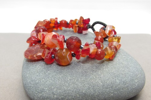 Agate Bracelet, Carnelian Beads, Beaded Bracelet Cuff Bangle - Picture 3 of 7