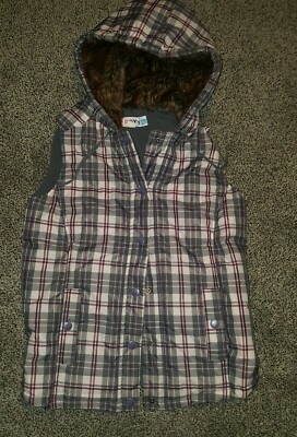 Roxy Fleece Lined Hooded Hoodie Faux Fur Checkered Puffer Vest Sz Small