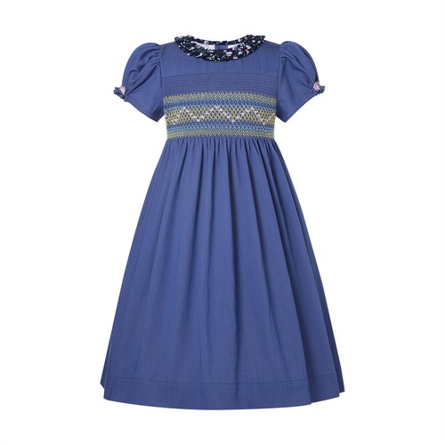 Girls Vinatge Smocked Dress Size 2 3 4 5 6 8 10 12 14 Short Sleeve Summer Blue - Picture 13 of 13