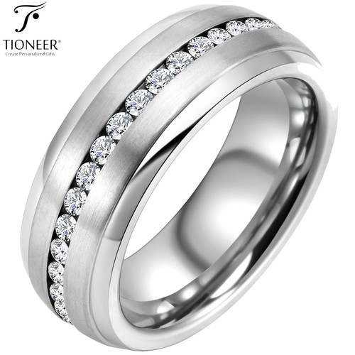 Tungsten Band w Eternity Style CZ w Step Edges in SIlver or Black w Free Engrave - Picture 11 of 12