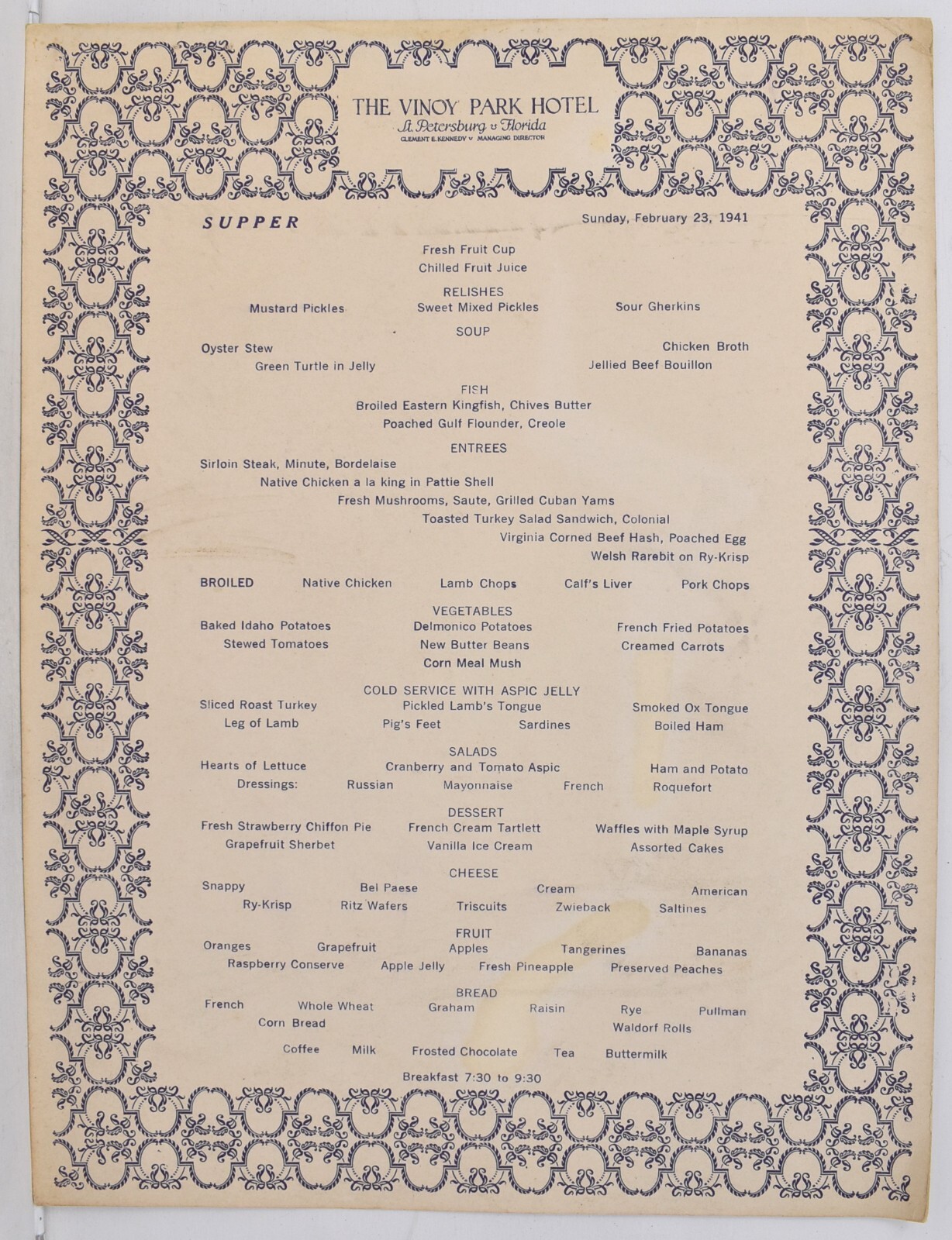 1941 The Vinoy Park Hotel Restaurant Menu Clement Kennedy St Petersburg Florida