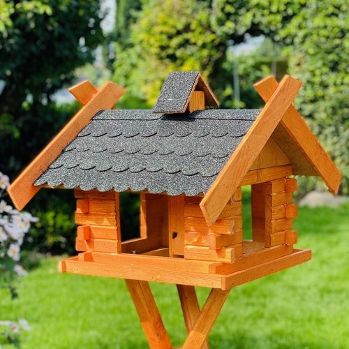 DARLUX Rechteckiges Holzvogelhaus XL Vogel Futterhaus + Ständer Braun/Schwarz - Bild 3 von 9