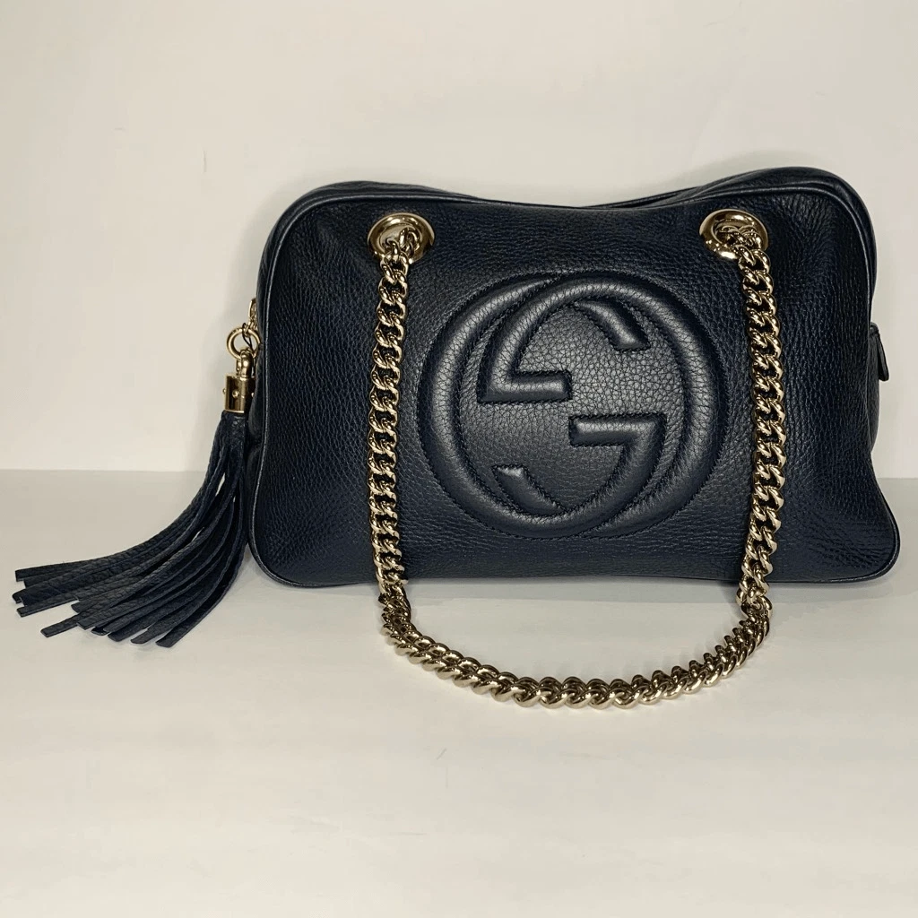 Gucci Soho Chain Zip Shoulder Bag GG Double Strap Pebbled Leather