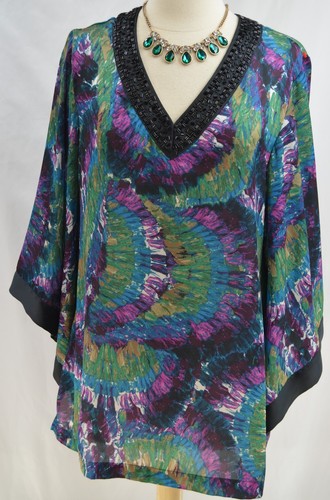 Dana Buchman Kimono Tie Dye Abstract Beaded V Neckline Tunic Top Blouse Shirt M - Picture 2 of 10