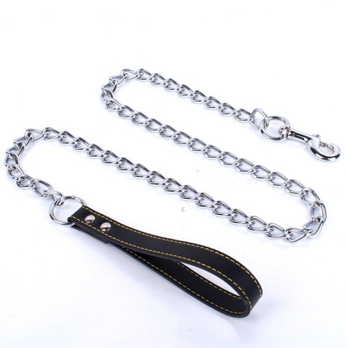Heavy Duty Metal Chain Dog Lead With Leather Handle Long Strong Control Leash - Picture 11 of 13