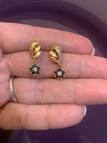 Sapphire and Diamond Flowers Dangle Drop Earrings Simulated Stones - Picture 3 of 6