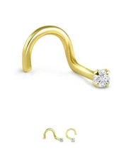 10K Yellow Gold Nose Screw Stud Ring 1.5mm, 2mm or 2.5mm Clear CZ 22G