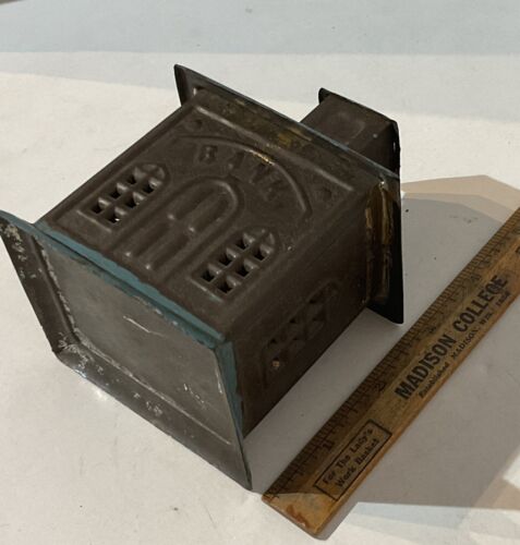 Antique PIERCED TIN Still Bank Building Penny CHANGE COIN BANK Late 1800's Blue - Picture 8 of 10