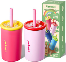 Kids Stainless Steel Cups with Straws and Lids  12 Oz Spill-Proof Sippy Smoothi
