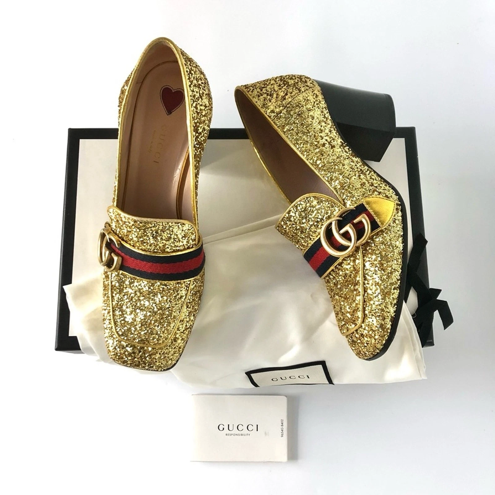 Mocassins Gucci Peyton Web Stripe plateforme paillettes dorées 37,5