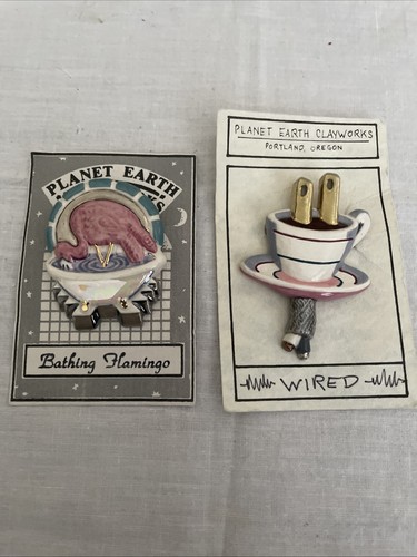 2 Vintage Kitsch Pins Brooch Ceramic Planet Earth Clayworks Artisan Made