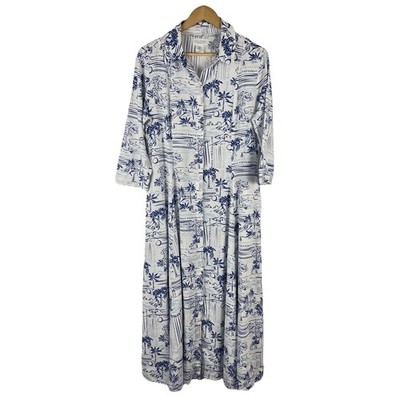 Calypso St Barth Maxi Shirt Dress Linen Button Front 3/4 Sleev White Blue  Medium | eBay