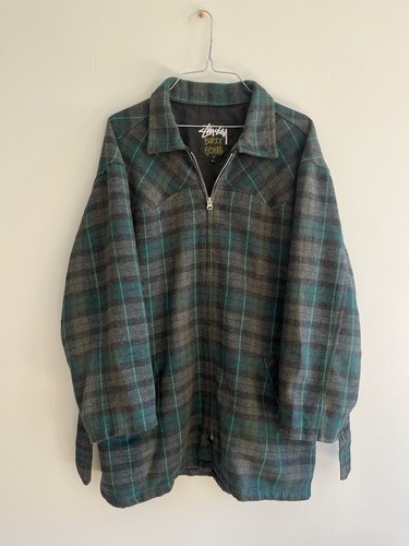 Stüssy, Stussy Vintage Burly Gear Plaid Full Zip Tweed Jacket Green Black Mens 80s 90s