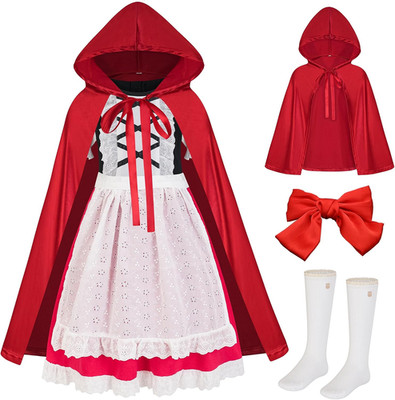 Halloween Costume for Kids Girls, Red Mini Dress with Cape and Accessories
