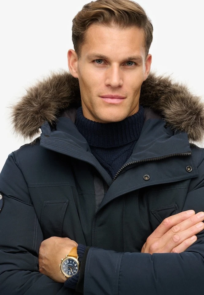Superdry Parka Jacket Hooded Padded Winter Coat Faux Fur Hood Everest Blue Navy - Image 2 of 4